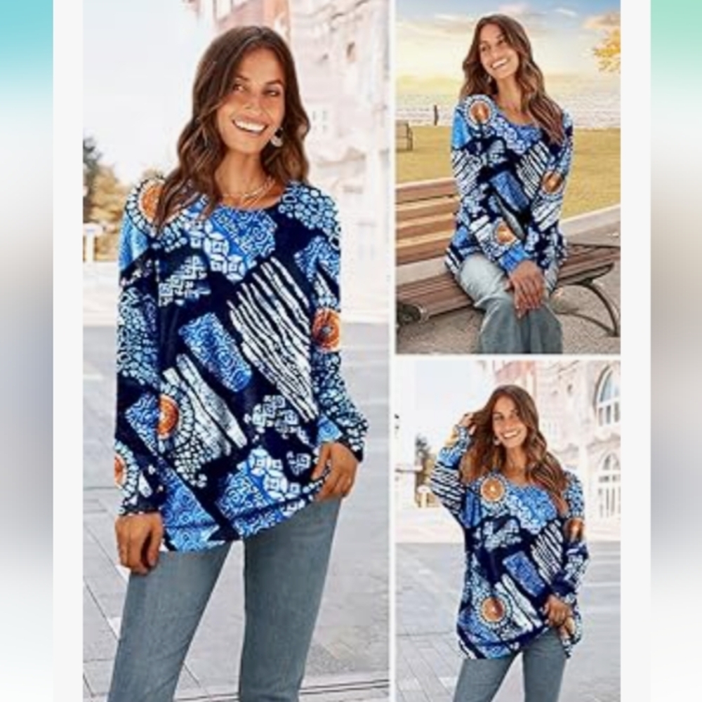 Blue Abstract Long Sleeve Super Soft Oversized Sweater Size 2X NWOT P2P 28 In
